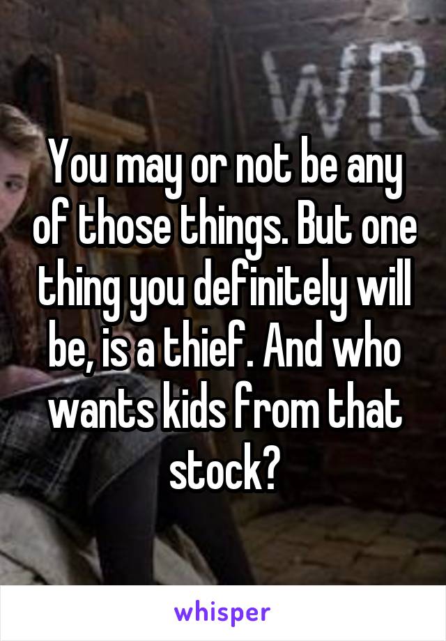 You may or not be any of those things. But one thing you definitely will be, is a thief. And who wants kids from that stock?
