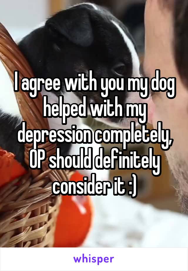 I agree with you my dog helped with my depression completely, OP should definitely consider it :)