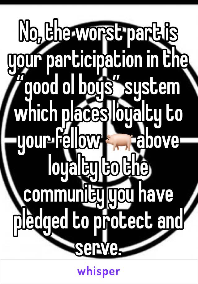 No, the worst part is your participation in the “good ol boys” system which places loyalty to your fellow 🐖 above loyalty to the community you have pledged to protect and serve.