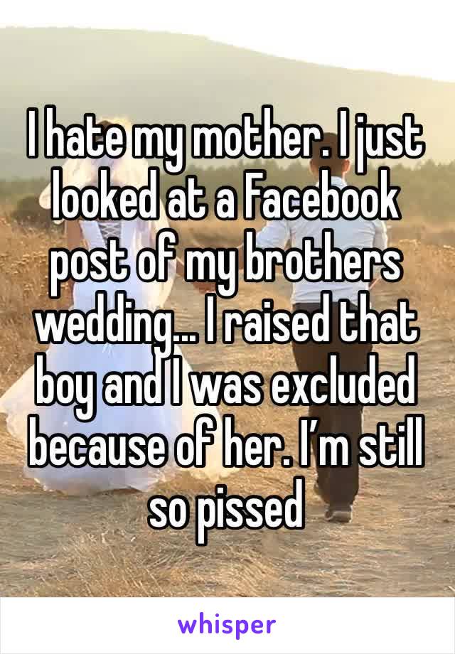 I hate my mother. I just looked at a Facebook post of my brothers wedding... I raised that boy and I was excluded because of her. I’m still so pissed 