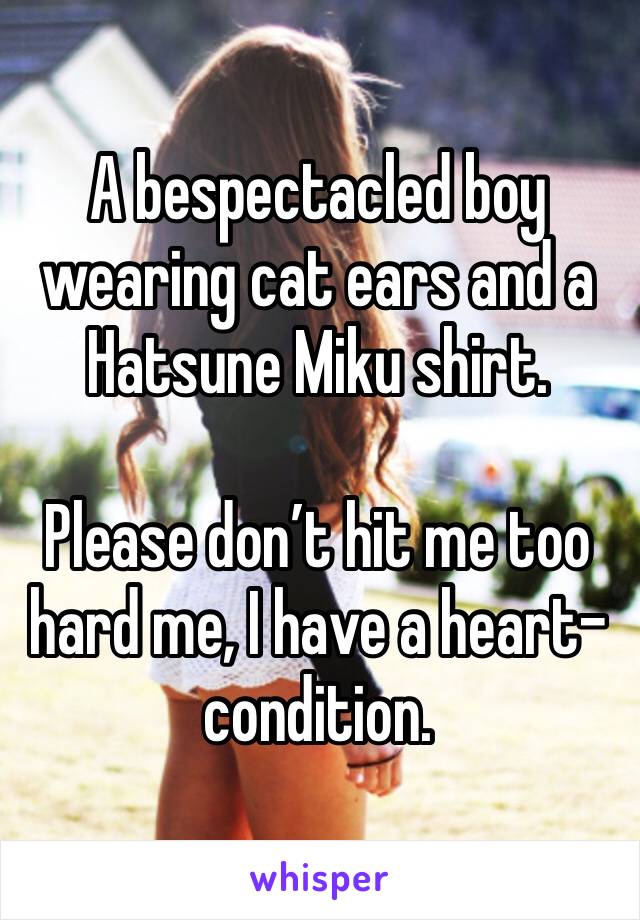 A bespectacled boy wearing cat ears and a Hatsune Miku shirt.

Please don’t hit me too hard me, I have a heart-condition.