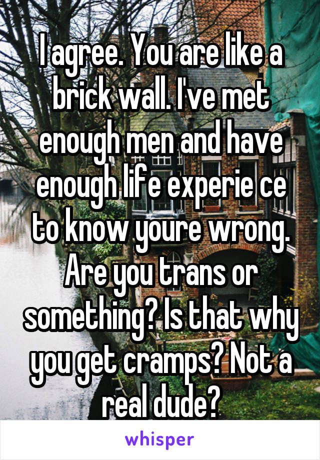 I agree. You are like a brick wall. I've met enough men and have enough life experie ce to know youre wrong. Are you trans or something? Is that why you get cramps? Not a real dude?