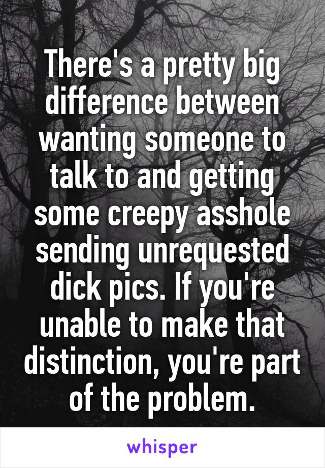 There's a pretty big difference between wanting someone to talk to and getting some creepy asshole sending unrequested dick pics. If you're unable to make that distinction, you're part of the problem.