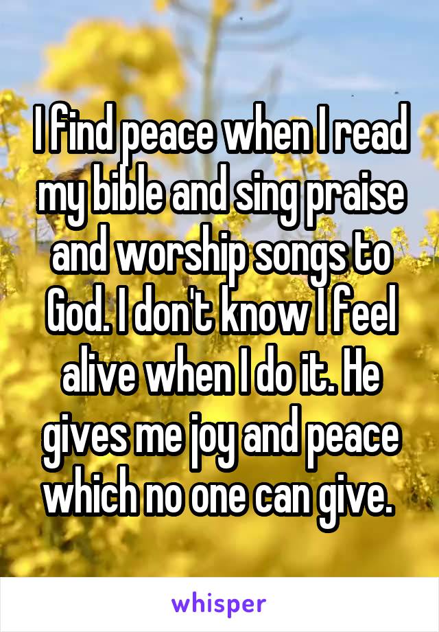 I find peace when I read my bible and sing praise and worship songs to God. I don't know I feel alive when I do it. He gives me joy and peace which no one can give. 
