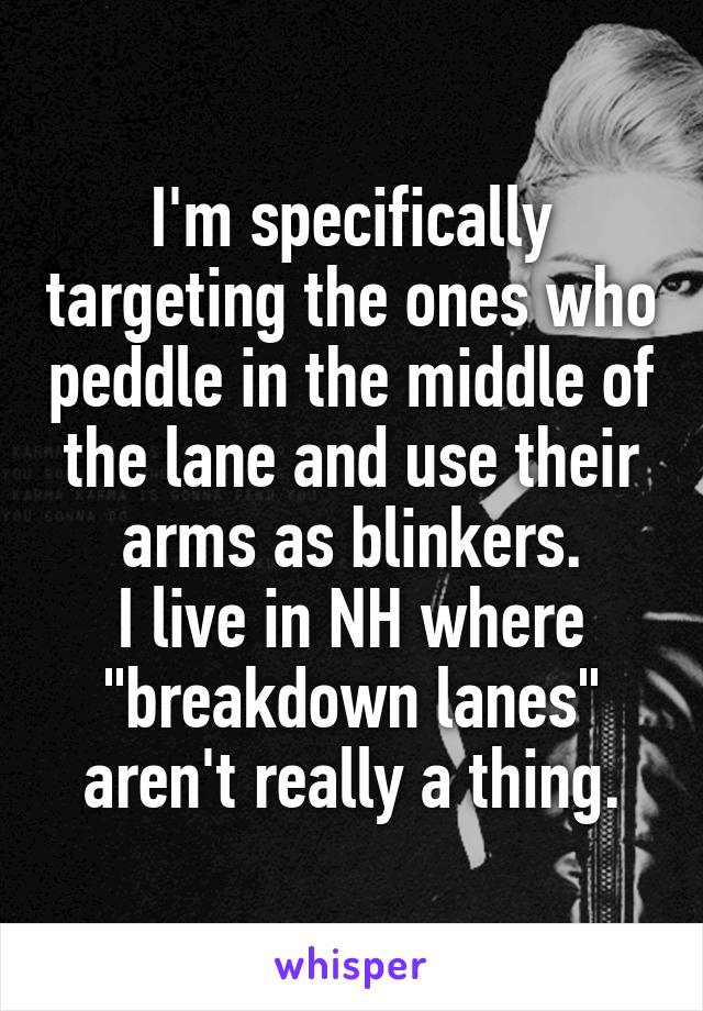 I'm specifically targeting the ones who peddle in the middle of the lane and use their arms as blinkers.
I live in NH where "breakdown lanes" aren't really a thing.