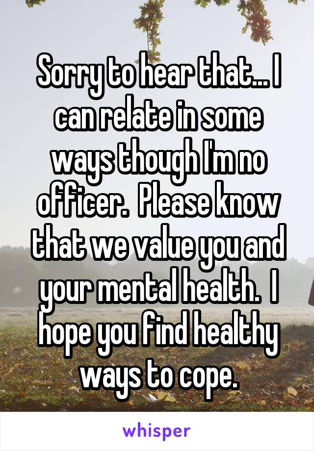 Sorry to hear that... I can relate in some ways though I'm no officer.  Please know that we value you and your mental health.  I hope you find healthy ways to cope.