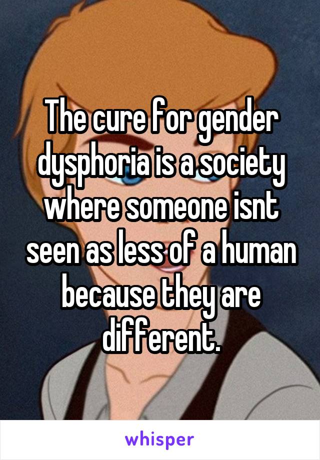 The cure for gender dysphoria is a society where someone isnt seen as less of a human because they are different.