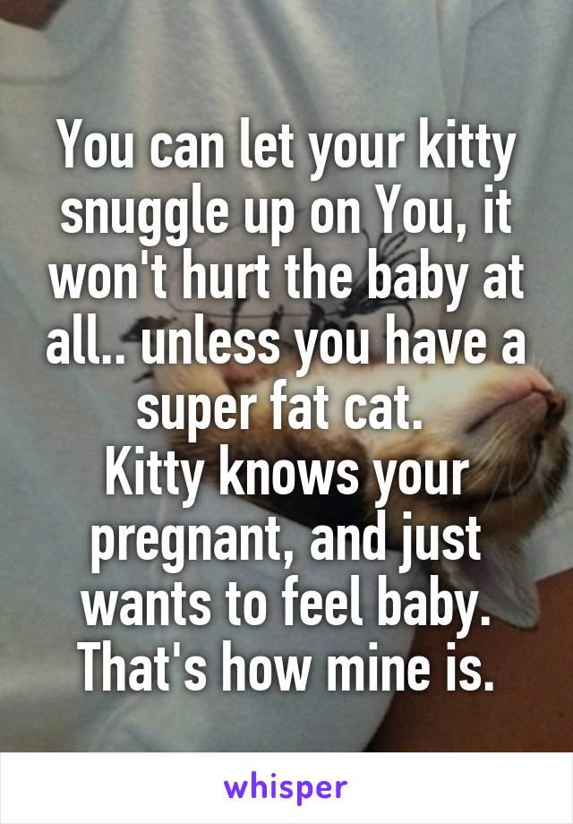 You can let your kitty snuggle up on You, it won't hurt the baby at all.. unless you have a super fat cat. 
Kitty knows your pregnant, and just wants to feel baby. That's how mine is.