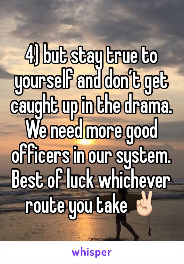 4) but stay true to yourself and don’t get caught up in the drama. We need more good officers in our system. Best of luck whichever route you take ✌🏻