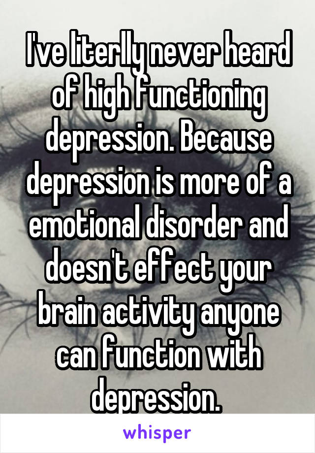 I've literlly never heard of high functioning depression. Because depression is more of a emotional disorder and doesn't effect your brain activity anyone can function with depression. 