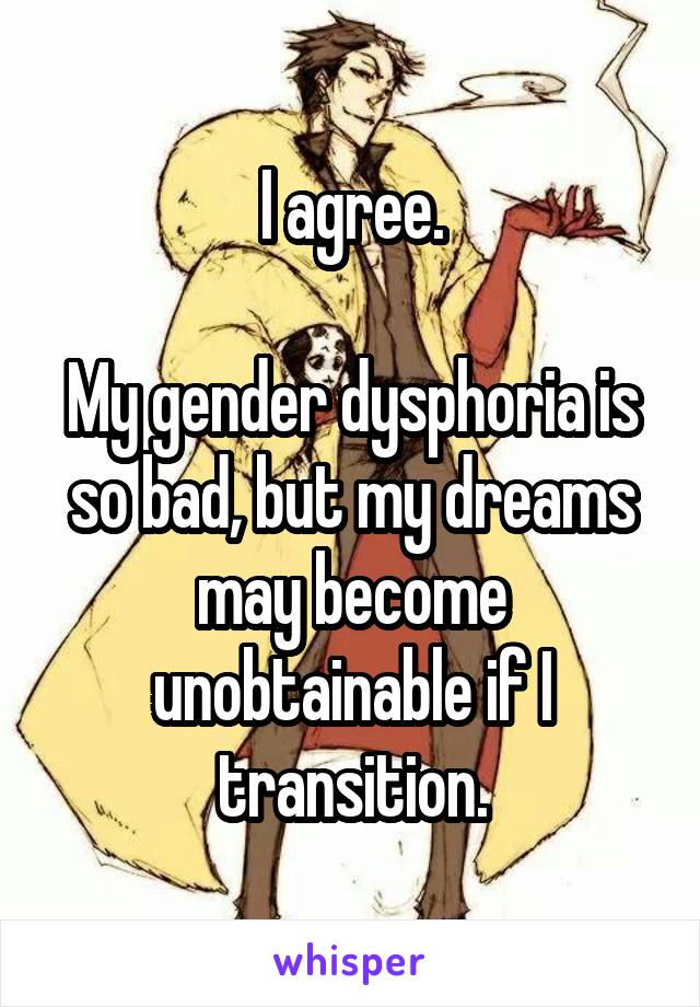 I agree.

My gender dysphoria is so bad, but my dreams may become unobtainable if I transition.