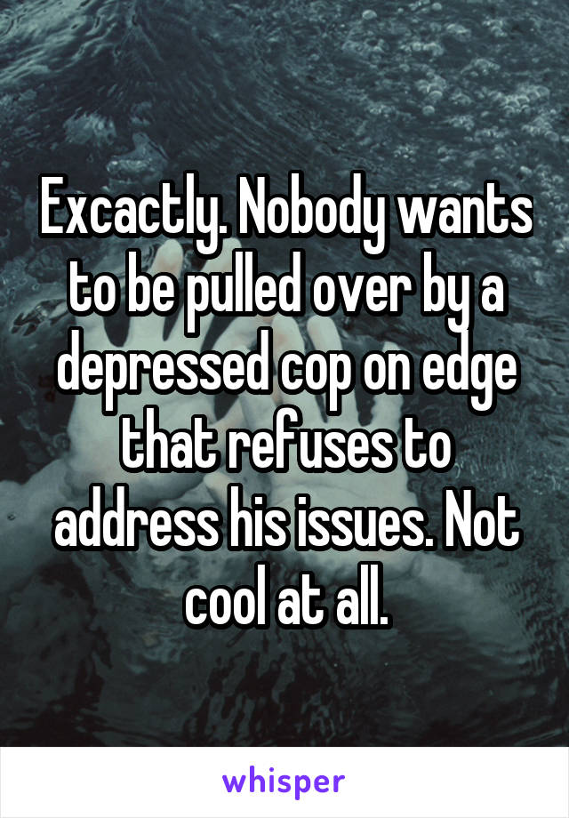 Excactly. Nobody wants to be pulled over by a depressed cop on edge that refuses to address his issues. Not cool at all.