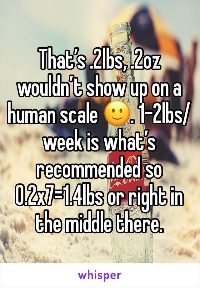 That’s .2lbs, .2oz  wouldn’t show up on a human scale 🙂. 1-2lbs/week is what’s recommended so 0.2x7=1.4lbs or right in the middle there. 