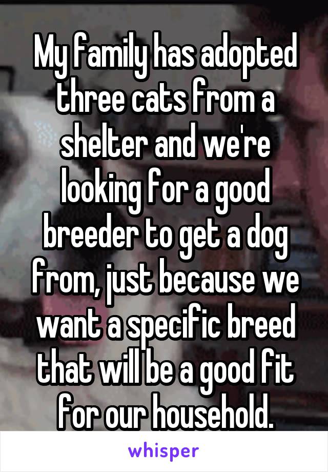 My family has adopted three cats from a shelter and we're looking for a good breeder to get a dog from, just because we want a specific breed that will be a good fit for our household.