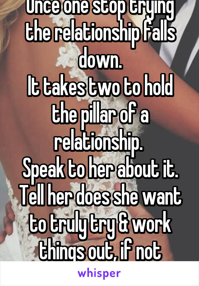 Once one stop trying the relationship falls down.
It takes two to hold the pillar of a relationship. 
Speak to her about it. Tell her does she want to truly try & work things out, if not divorce.