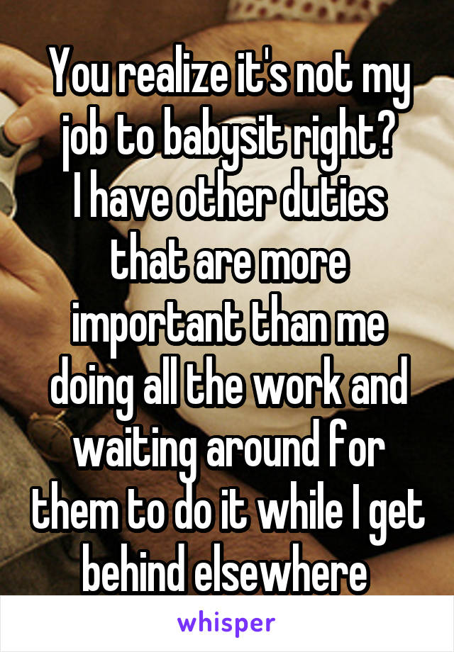 You realize it's not my job to babysit right?
I have other duties that are more important than me doing all the work and waiting around for them to do it while I get behind elsewhere 