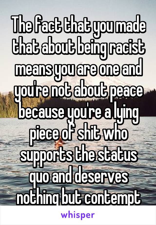 The fact that you made that about being racist means you are one and you're not about peace because you're a lying piece of shit who supports the status quo and deserves nothing but contempt