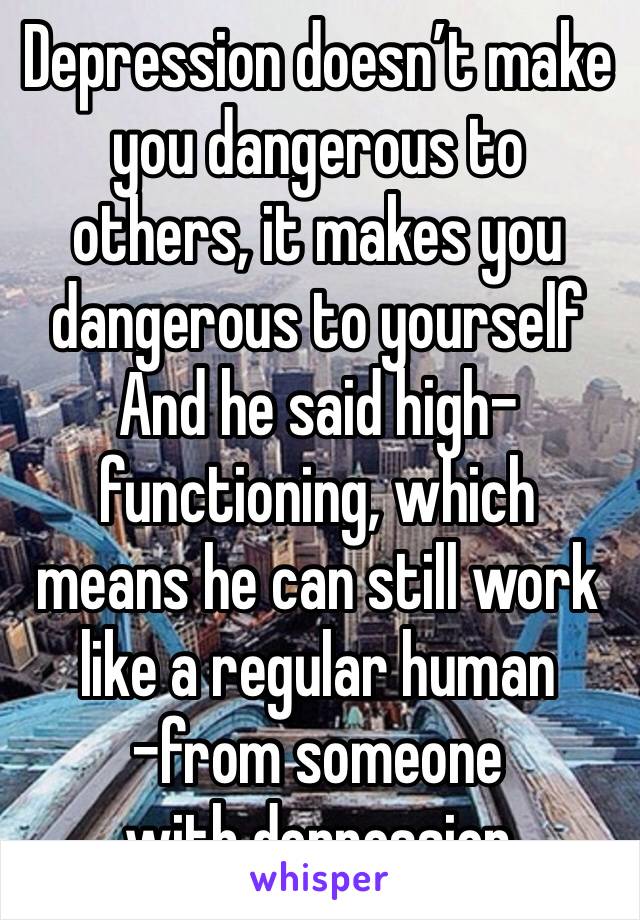 Depression doesn’t make you dangerous to others, it makes you dangerous to yourself 
And he said high-functioning, which means he can still work like a regular human 
-from someone with depression