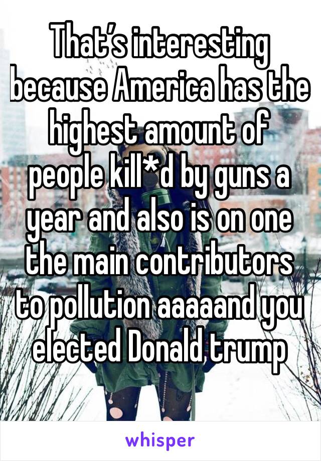 That’s interesting because America has the highest amount of people kill*d by guns a year and also is on one the main contributors to pollution aaaaand you elected Donald trump 