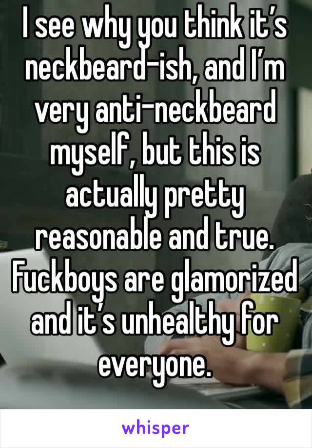 I see why you think it’s neckbeard-ish, and I’m very anti-neckbeard myself, but this is actually pretty reasonable and true.  Fuckboys are glamorized and it’s unhealthy for everyone.