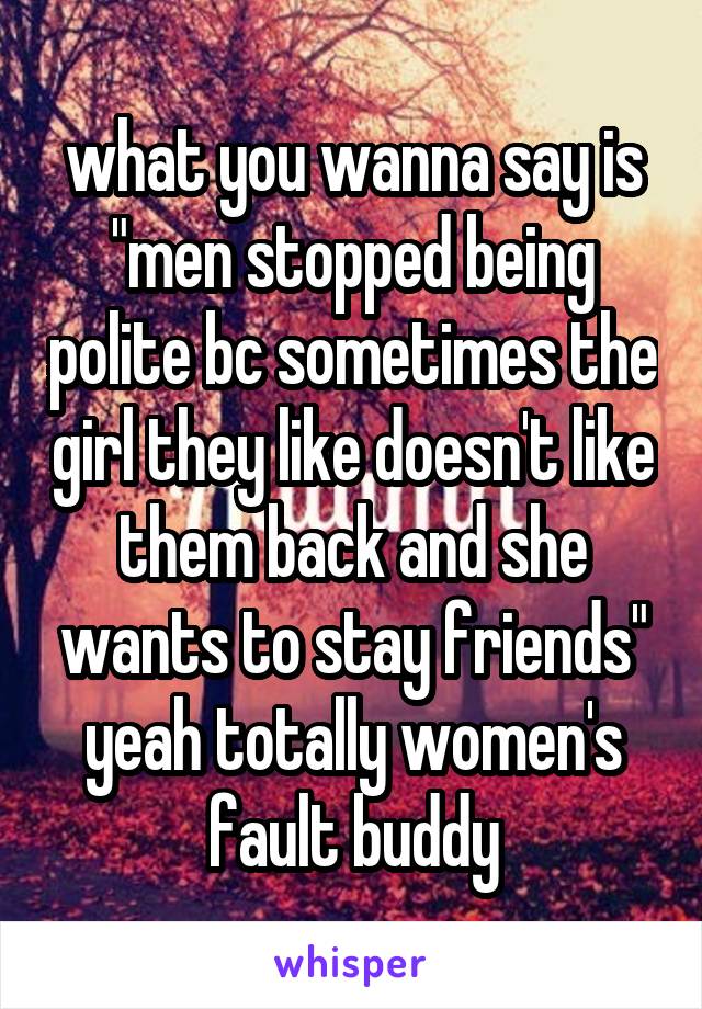 what you wanna say is "men stopped being polite bc sometimes the girl they like doesn't like them back and she wants to stay friends" yeah totally women's fault buddy