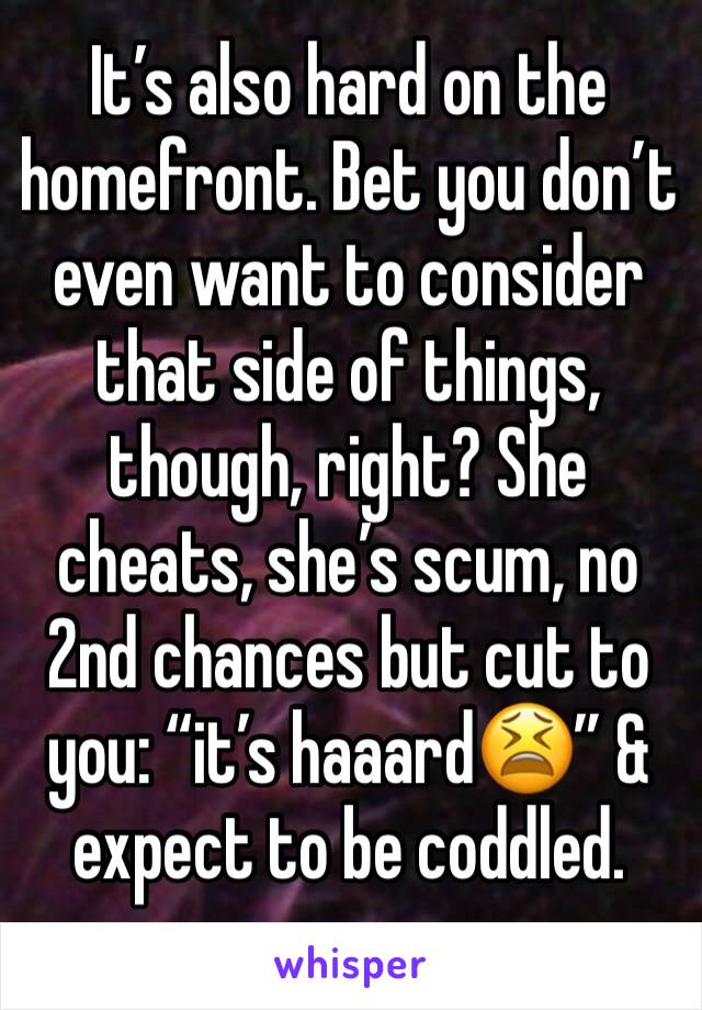 It’s also hard on the homefront. Bet you don’t even want to consider that side of things, though, right? She cheats, she’s scum, no 2nd chances but cut to you: “it’s haaard😫” & expect to be coddled.