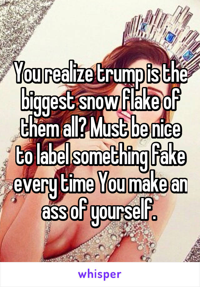 You realize trump is the biggest snow flake of them all? Must be nice to label something fake every time You make an ass of yourself. 