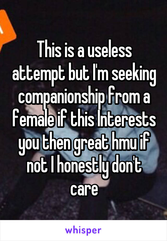 This is a useless attempt but I'm seeking companionship from a female if this Interests you then great hmu if not I honestly don't care