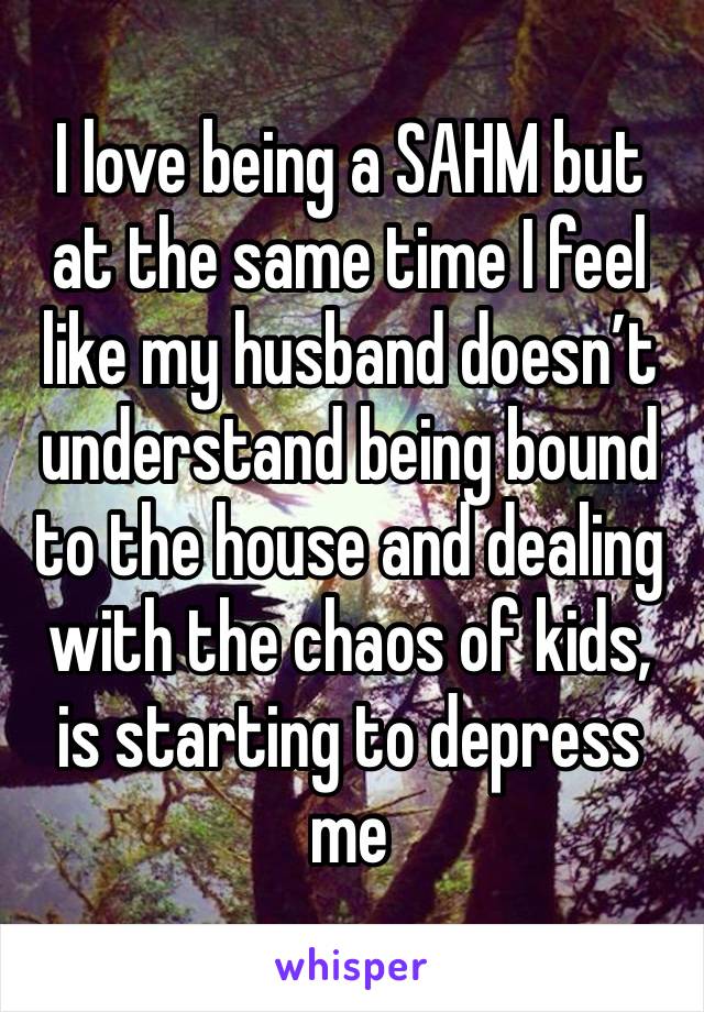 I love being a SAHM but at the same time I feel like my husband doesn’t understand being bound to the house and dealing with the chaos of kids, is starting to depress me 