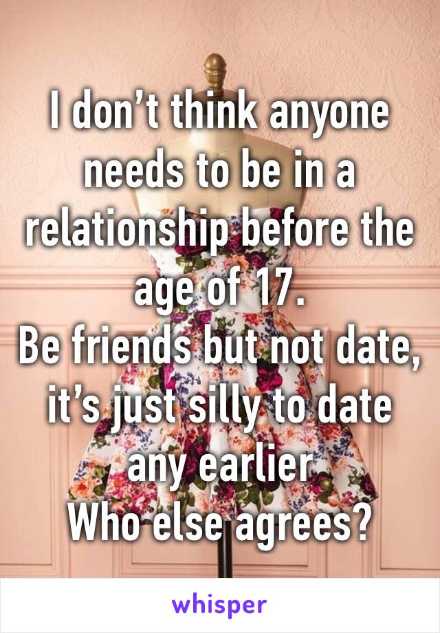 I don’t think anyone needs to be in a relationship before the age of 17.
Be friends but not date, it’s just silly to date any earlier
Who else agrees?