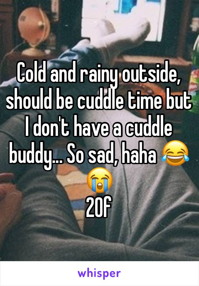 Cold and rainy outside, should be cuddle time but I don't have a cuddle buddy... So sad, haha 😂 😭
20f