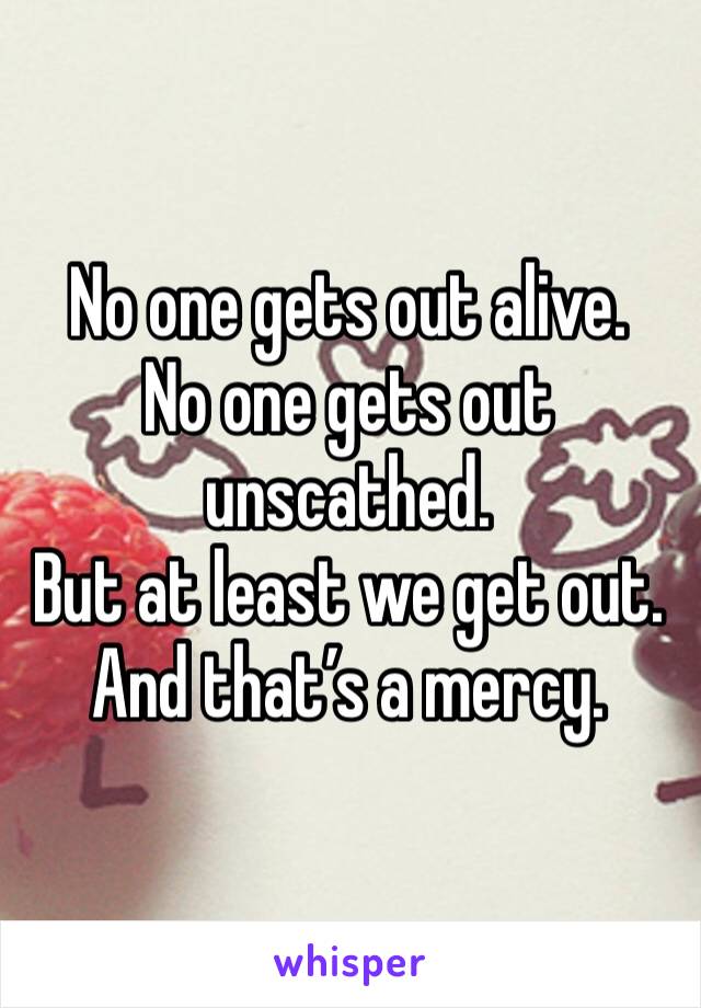 No one gets out alive. 
No one gets out unscathed. 
But at least we get out. 
And that’s a mercy.