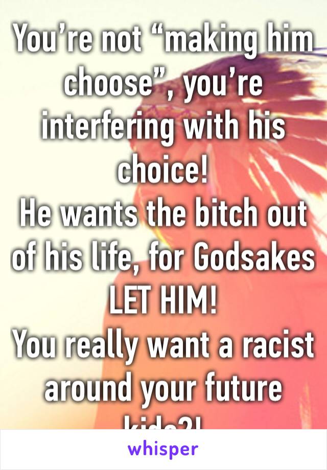 You’re not “making him choose”, you’re interfering with his choice!
He wants the bitch out of his life, for Godsakes LET HIM!
You really want a racist around your future kids?!