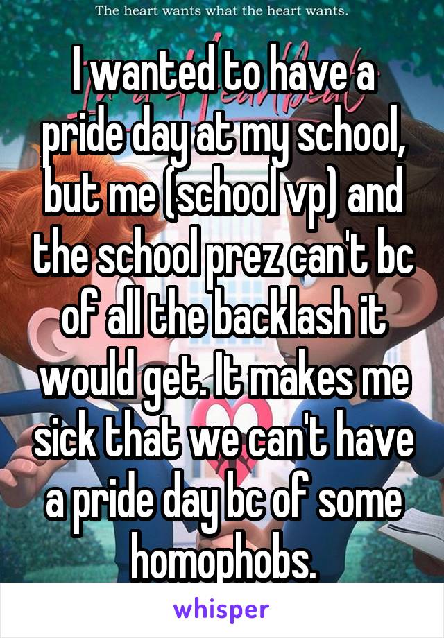 I wanted to have a pride day at my school, but me (school vp) and the school prez can't bc of all the backlash it would get. It makes me sick that we can't have a pride day bc of some homophobs.