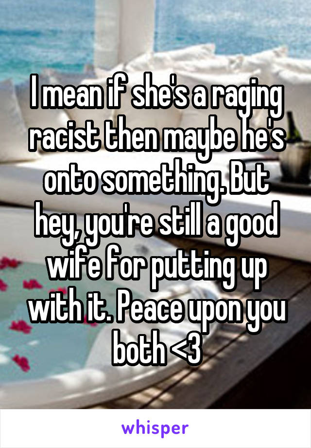 I mean if she's a raging racist then maybe he's onto something. But hey, you're still a good wife for putting up with it. Peace upon you both <3