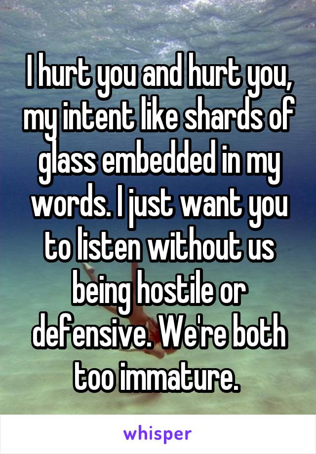I hurt you and hurt you, my intent like shards of glass embedded in my words. I just want you to listen without us being hostile or defensive. We're both too immature. 