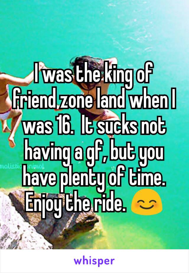 I was the king of friend zone land when I was 16.  It sucks not having a gf, but you have plenty of time.  Enjoy the ride. 😊
