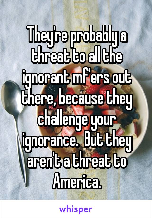 They're probably a threat to all the ignorant mf'ers out there, because they challenge your ignorance.  But they aren't a threat to America.