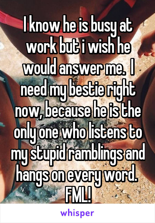 I know he is busy at work but i wish he would answer me.  I need my bestie right now, because he is the only one who listens to my stupid ramblings and hangs on every word.  FML!