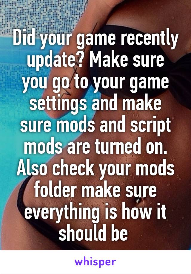 Did your game recently update? Make sure you go to your game settings and make sure mods and script mods are turned on. Also check your mods folder make sure everything is how it should be 