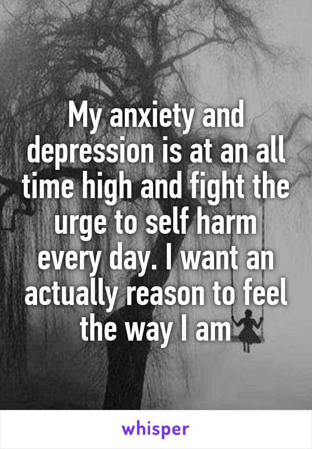 My anxiety and depression is at an all time high and fight the urge to self harm every day. I want an actually reason to feel the way I am