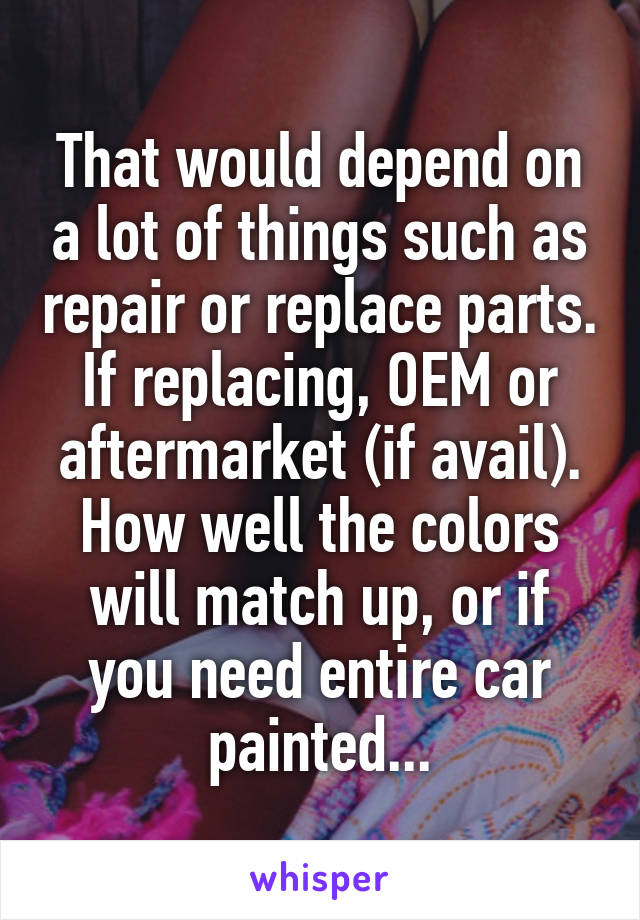 That would depend on a lot of things such as repair or replace parts. If replacing, OEM or aftermarket (if avail). How well the colors will match up, or if you need entire car painted...