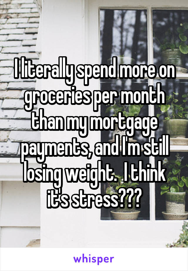 I literally spend more on groceries per month than my mortgage payments, and I'm still losing weight.  I think it's stress???