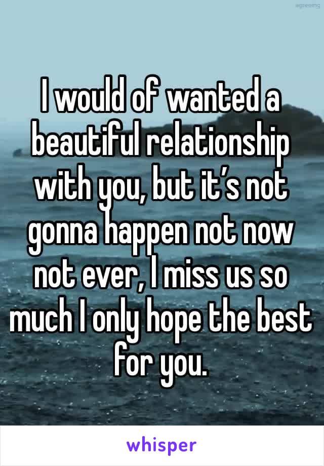 I would of wanted a beautiful relationship with you, but it’s not gonna happen not now not ever, I miss us so much I only hope the best for you.