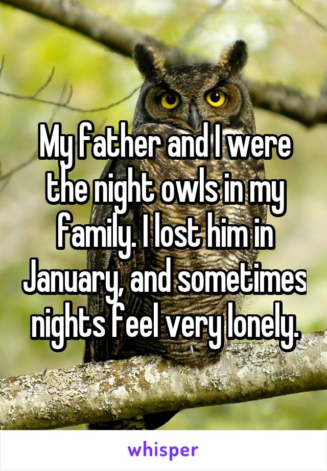 My father and I were the night owls in my family. I lost him in January, and sometimes nights feel very lonely.
