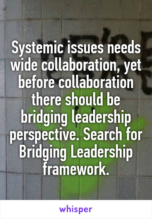 Systemic issues needs wide collaboration, yet before collaboration there should be bridging leadership perspective. Search for Bridging Leadership framework.