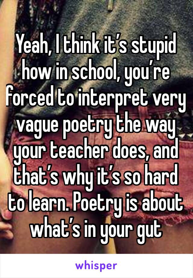 Yeah, I think it’s stupid how in school, you’re forced to interpret very vague poetry the way your teacher does, and that’s why it’s so hard to learn. Poetry is about what’s in your gut