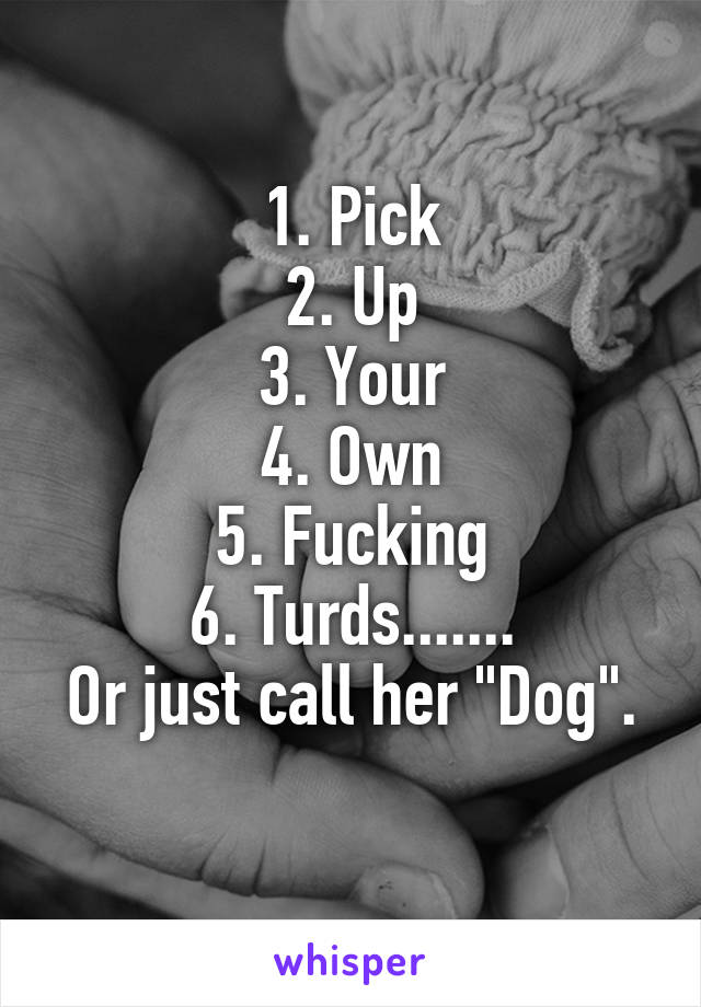 1. Pick
2. Up
3. Your
4. Own
5. Fucking
6. Turds.......
Or just call her "Dog".
