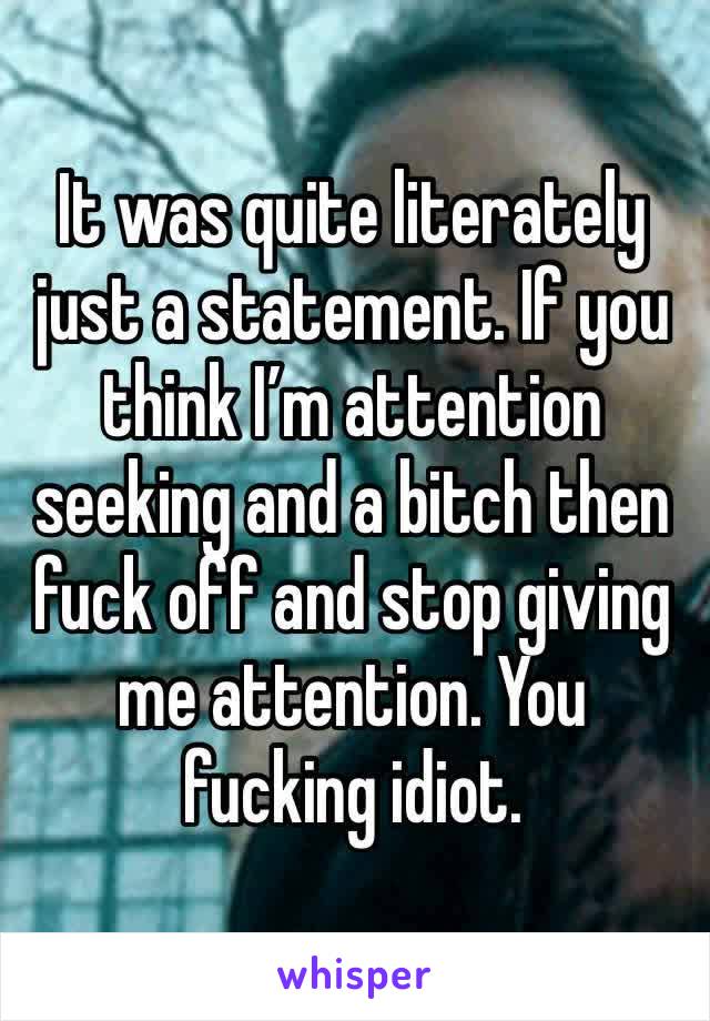 It was quite literately just a statement. If you think I’m attention seeking and a bitch then fuck off and stop giving me attention. You fucking idiot. 