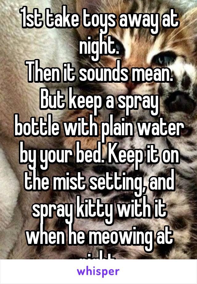 1st take toys away at night.
Then it sounds mean.
But keep a spray bottle with plain water by your bed. Keep it on the mist setting, and spray kitty with it when he meowing at night.